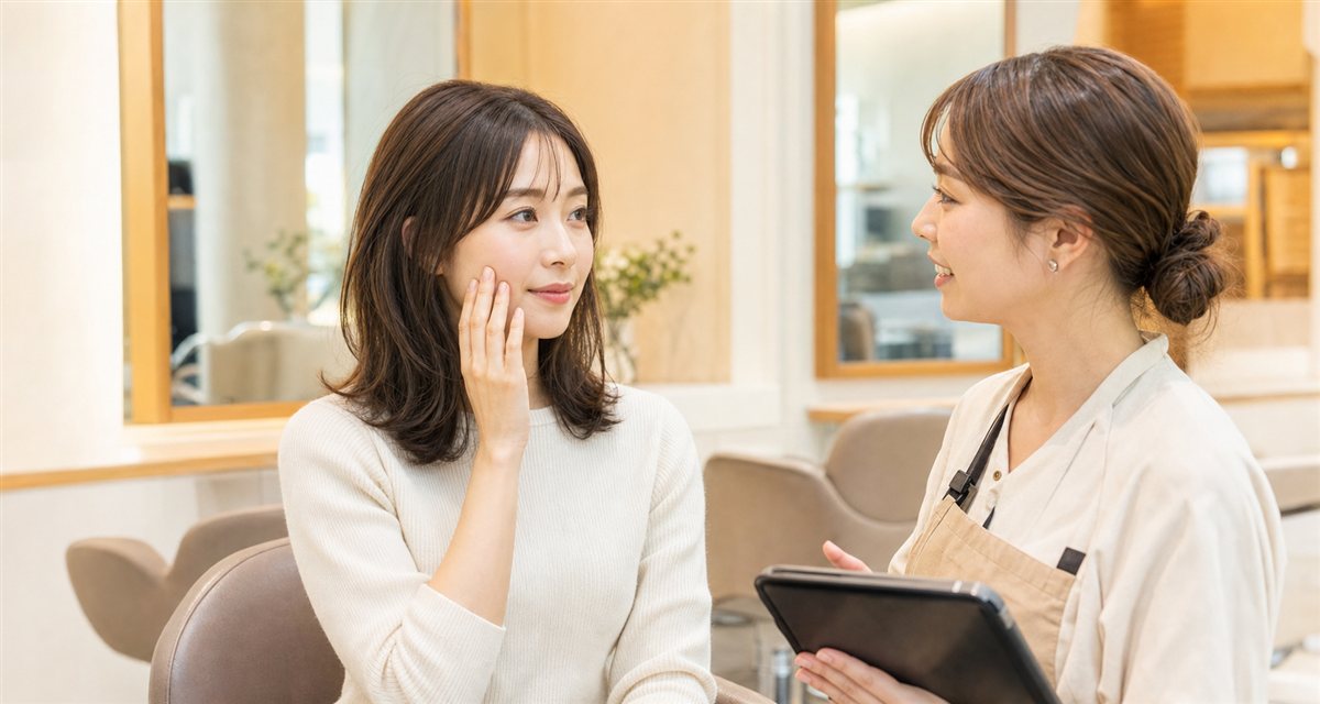 肌のごわつきや乾燥について美容師に相談するお客様