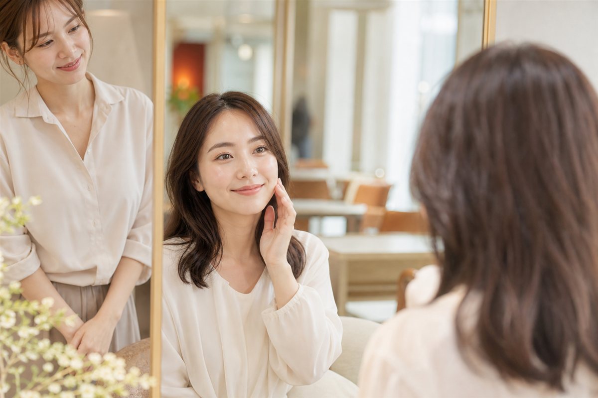 サロンケア後のうるおいとツヤのある印象を確認するお客様