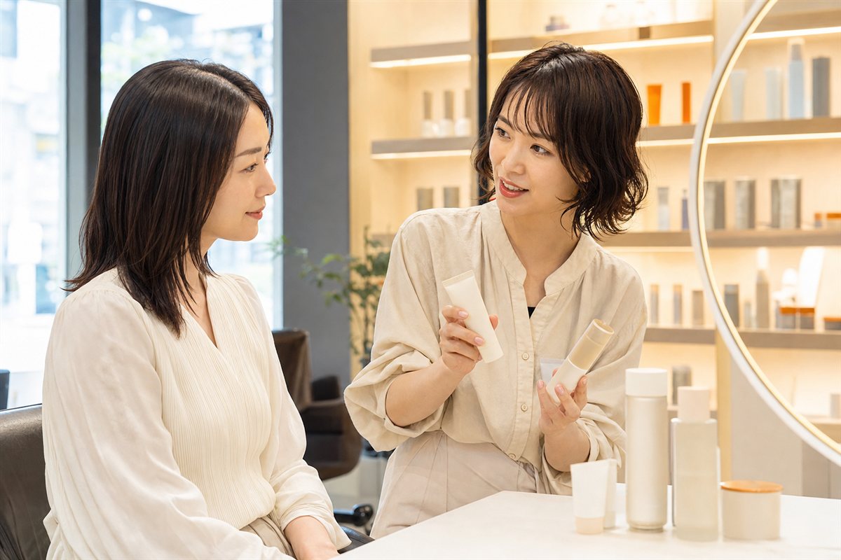 美容師からサロンでホームケアの説明を受けるお客様
