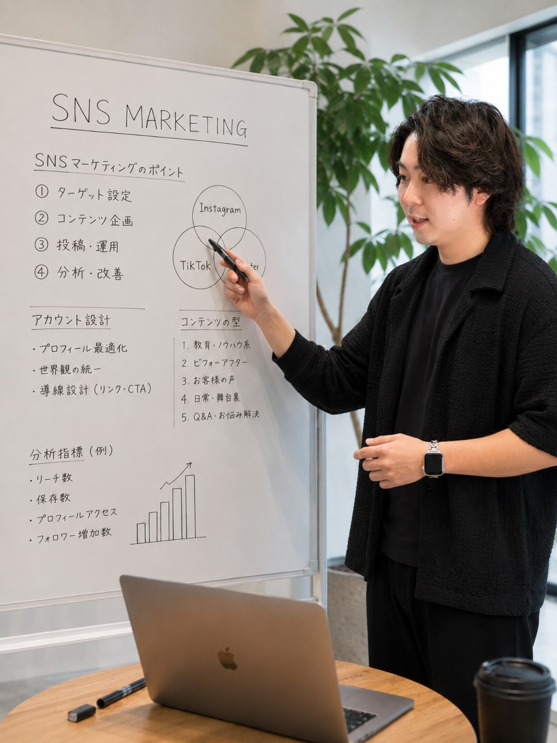 SNSマーケティングについてホワイトボードで解説する講師