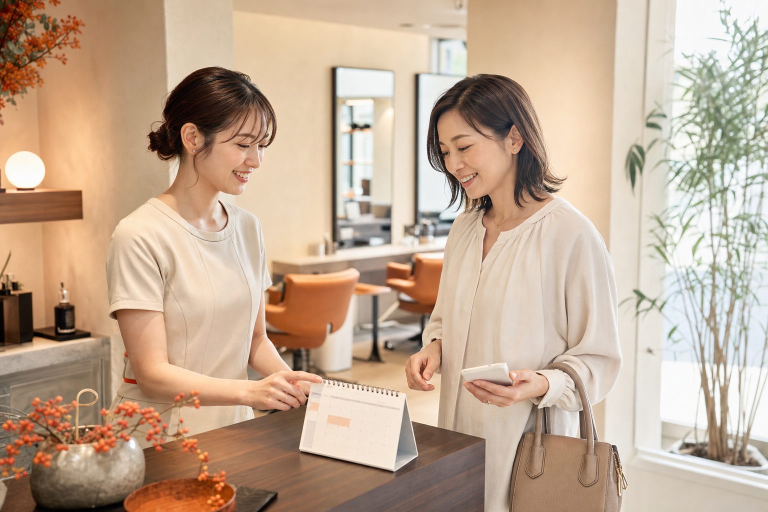 美容室の受付で次回予約を確認するお客様とスタッフのイメージ