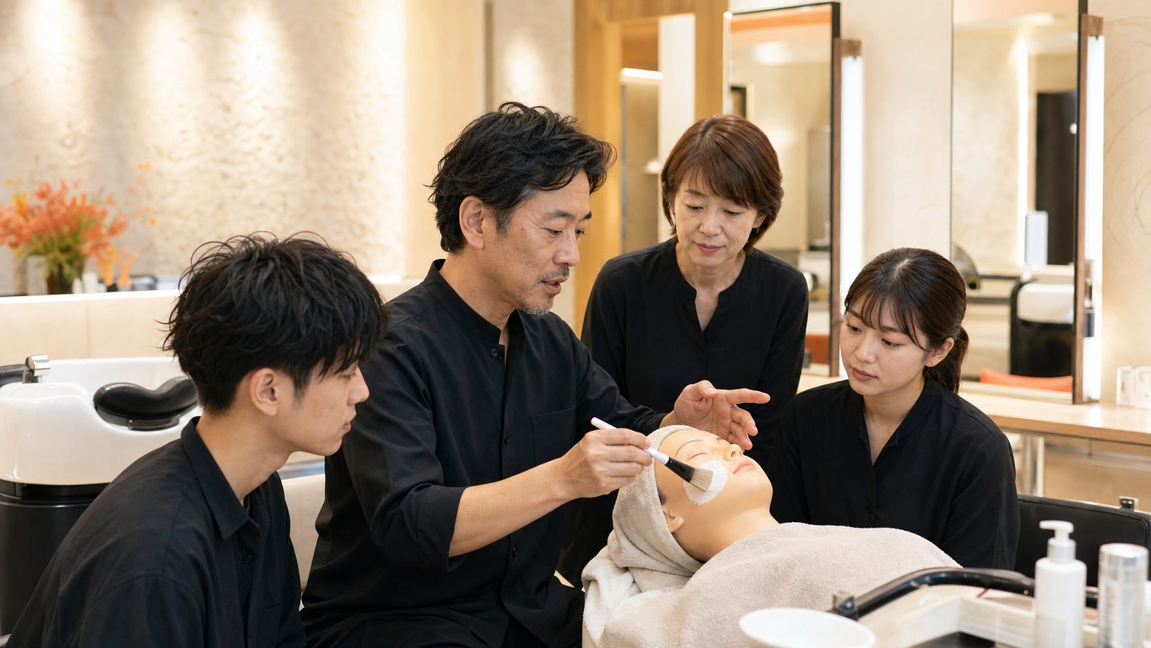 美容室で肌管理の施術工程を学ぶスタッフ講習のイメージ